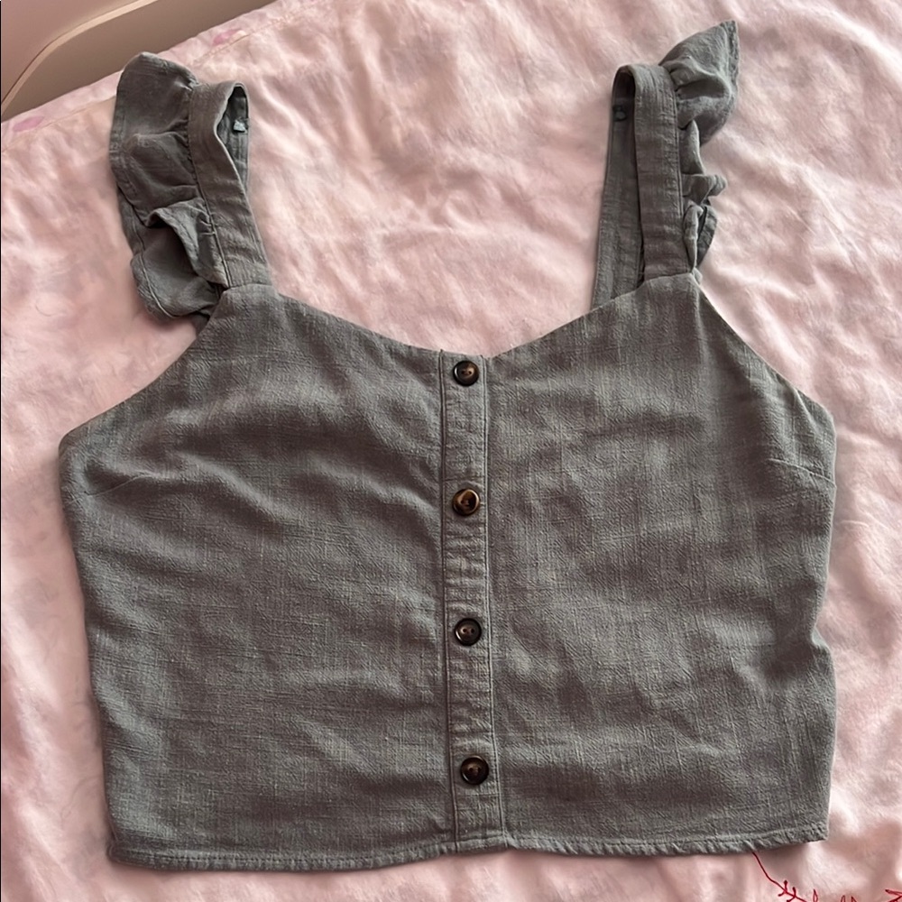 Ruffled Button-Down Crop Top - Green